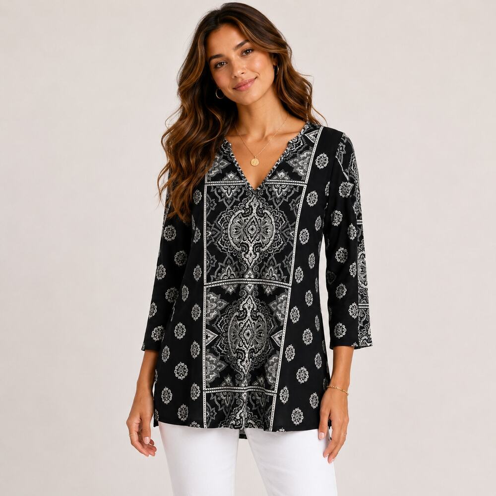 Susan Graver Liquid Knit Blouse Women's Size M Black Paisley Office Casual Boho